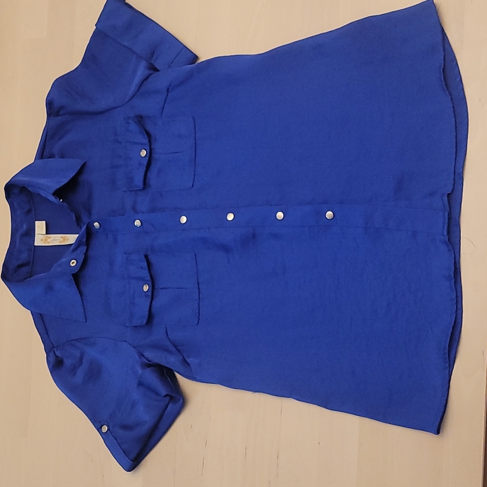 EUC Adiva Royal Blue Satin Feel Short Sleeve Button Down